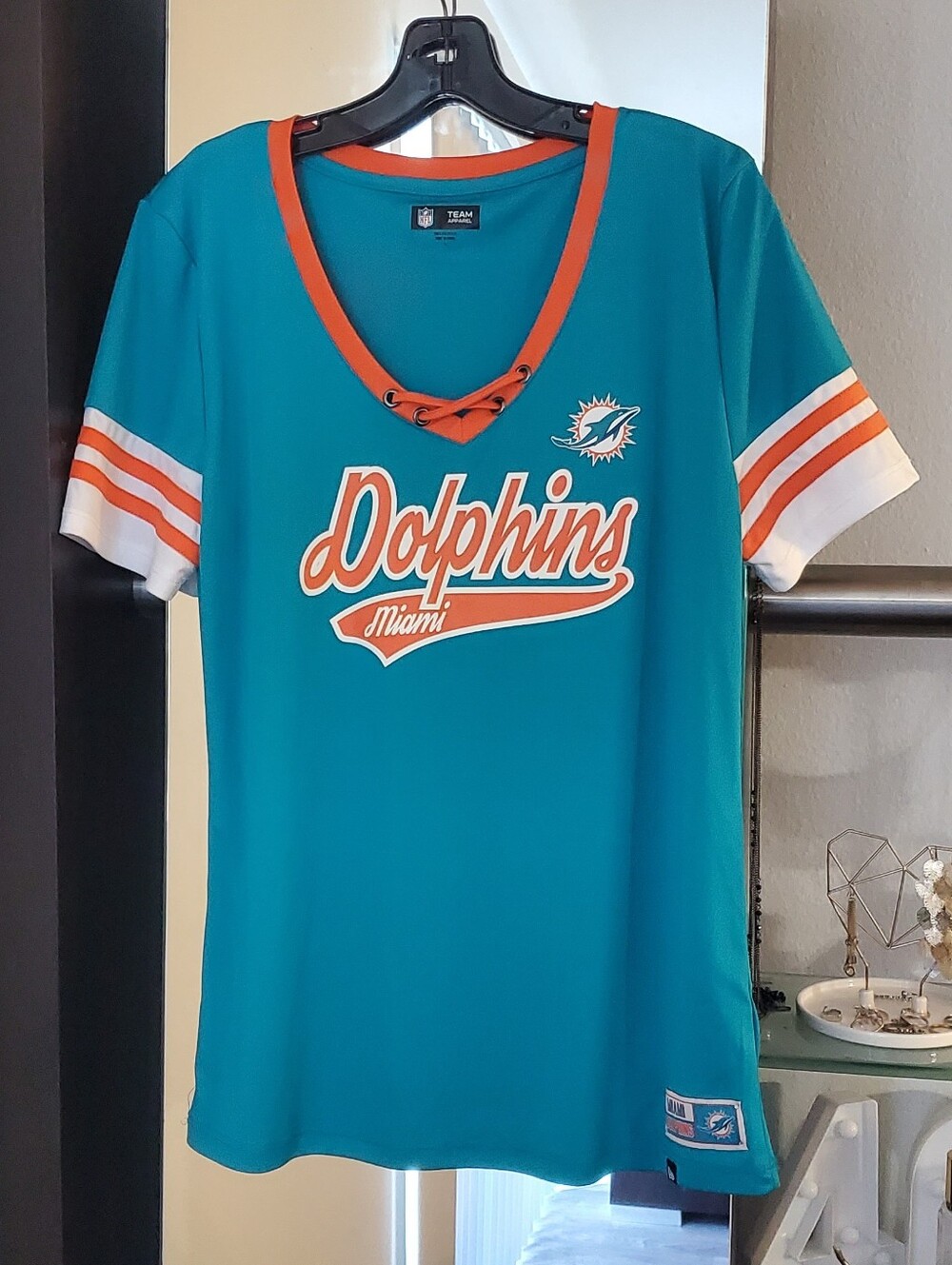 💕 NFL 💕 Miami Dolphins Teal Lace-Up V-Neck Dolphins Top Size L